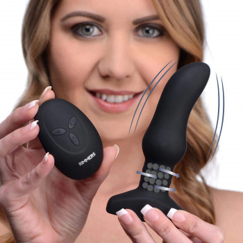 Черная анальная вибропробка с пультом ДУ Curved Rimming Plug Slim M - 13,9 см.