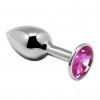 Серебристая анальная втулка с розовым кристаллом Mini Metal Butt Plug Size S - 7 см.